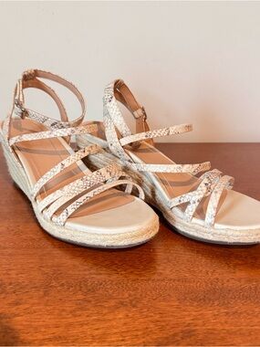 Vionic Ayda Espadrille Wedge Sandals featuring a snake-print design